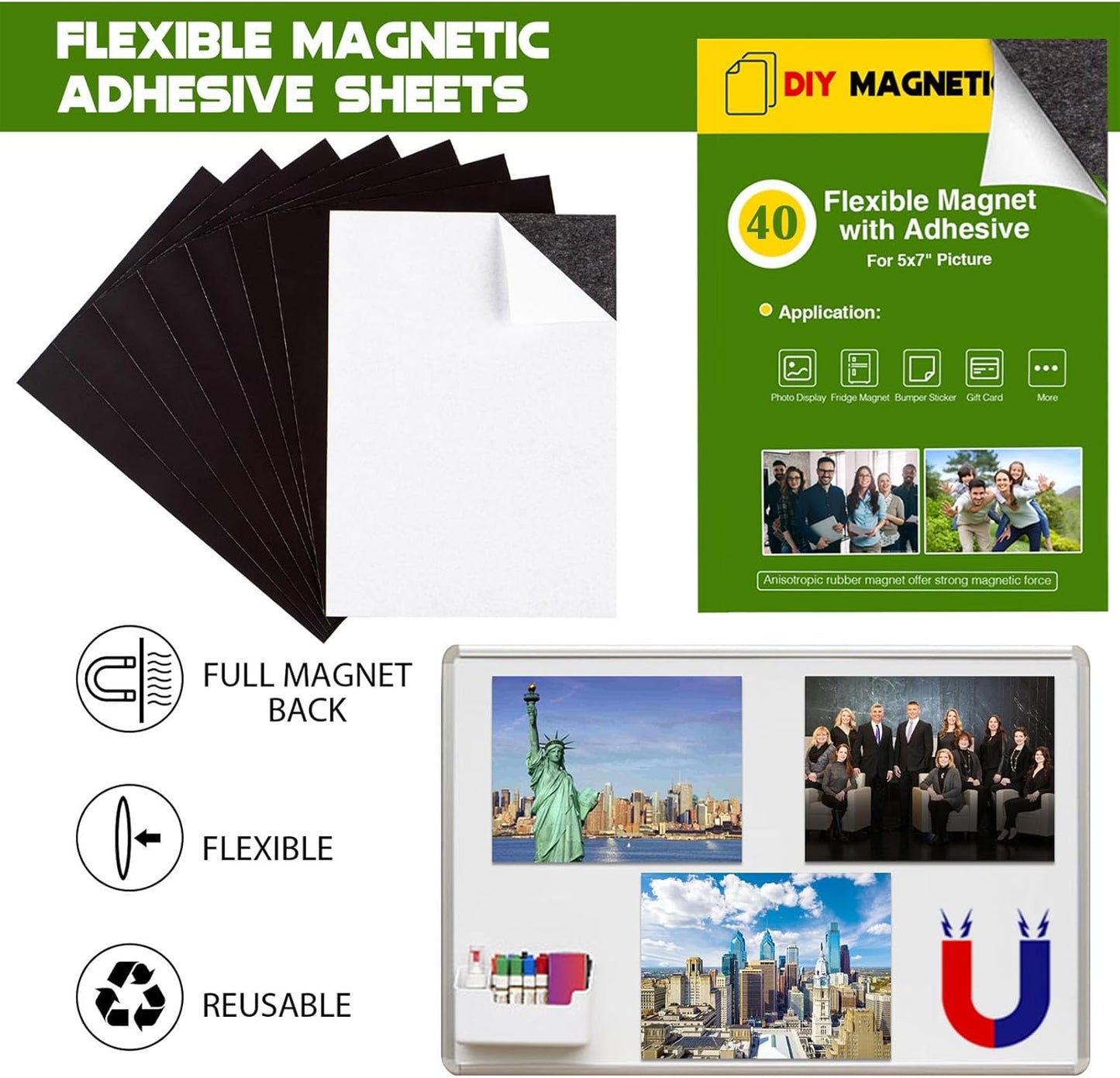 Magnet Sheets for Pictures 5x7 (Bulk Pack of 40),Magnetic Adhesive Sheets,Photo Magnets for Home/Classroom,DIY Magnets for Teachers