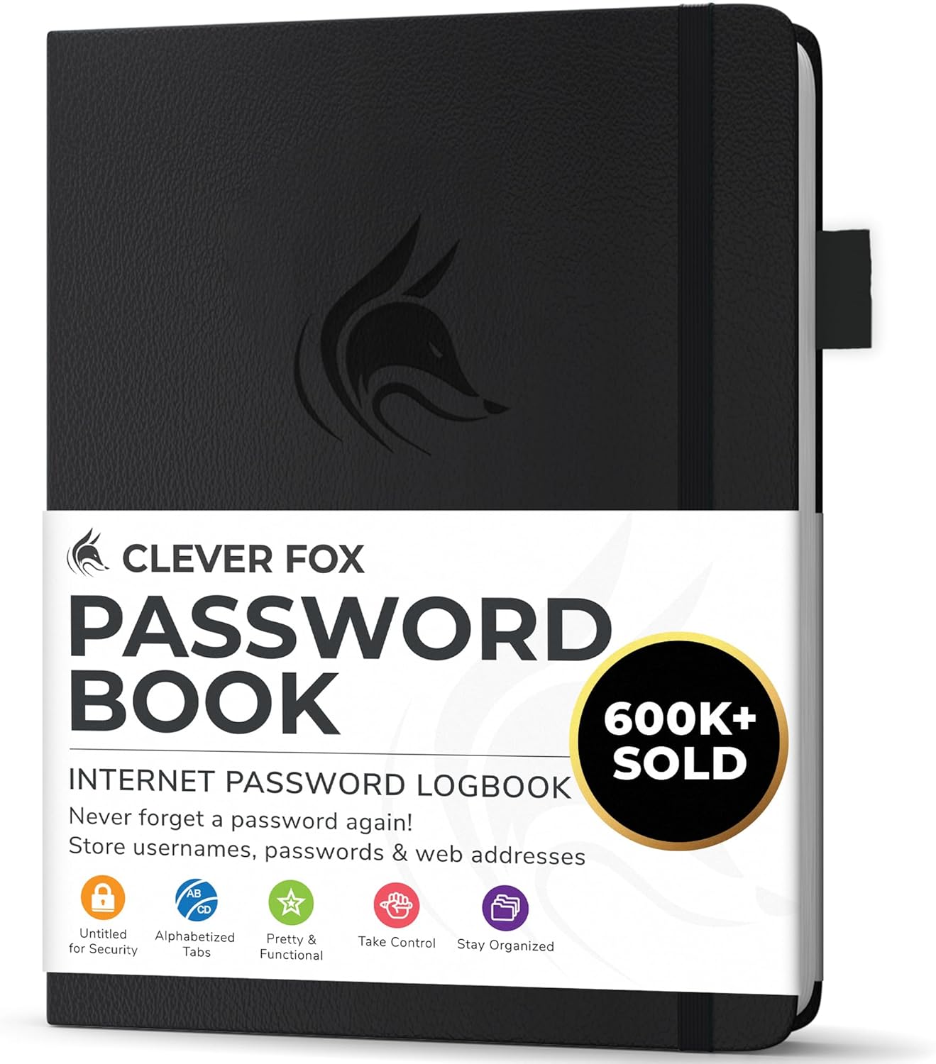 Clever Fox Password Book with alphabetical tabs. Internet Address Organizer Logbook. Small Pocket Password Keeper for Website Logins (Black)