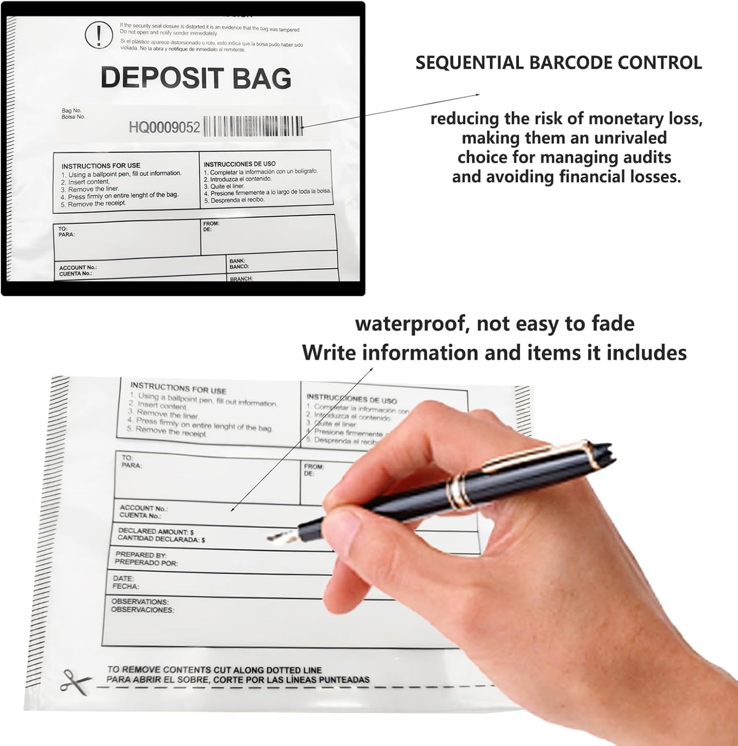 Daarcin100pcs9X12in Transparent Plastic Deposit Bag, Security Bank Pocket,Tamper Proof Bags，Cash Transfer Bag with Barcode and Self Sealing Adhesive,Used for Cash,Checks,Credit Cards