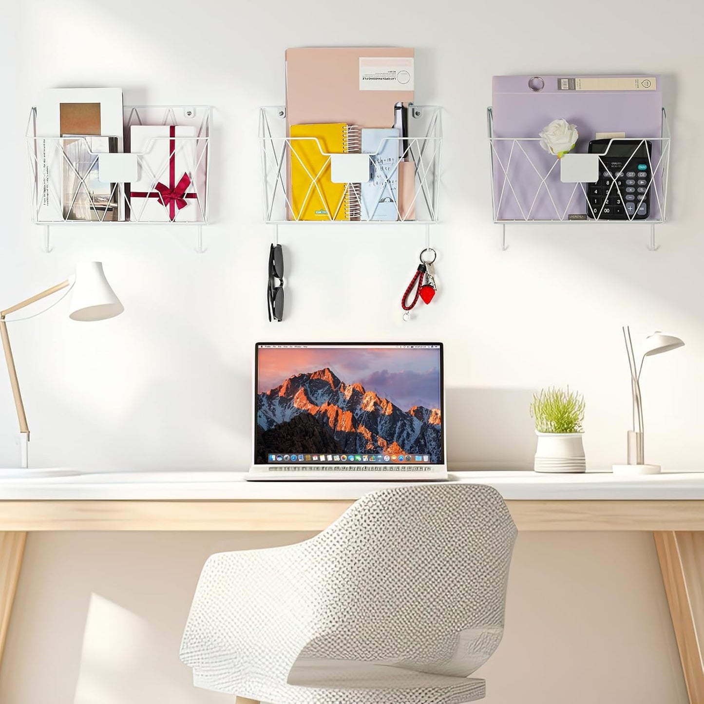 Wall File Holder 6 Pockets Hanging Wall File Organizer, for Papers, Files Clipboard & Magazine Organizer, Wall Mount File Holder Rack for Office Home, White