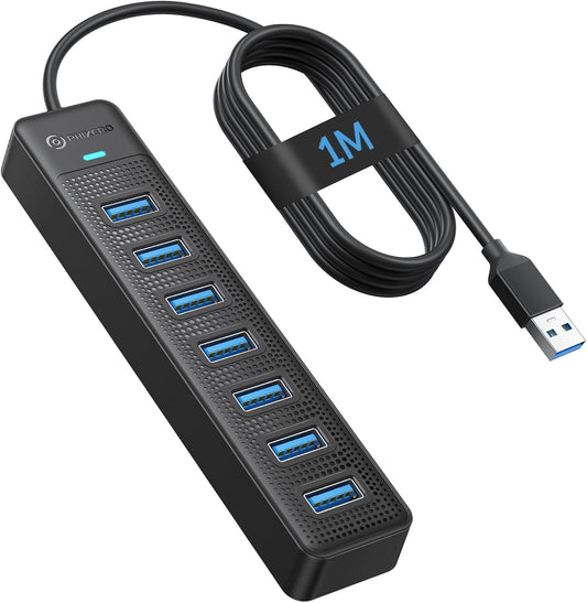 PHIXERO 7 Port USB Hub, 3.3FT/1M Long Cable USB 3.0 Hub Multi USB Port Hub Adapter Extension USB Splitter USB Hub for PC, Compatible with All USB 3.0/2.0/1.1 Device