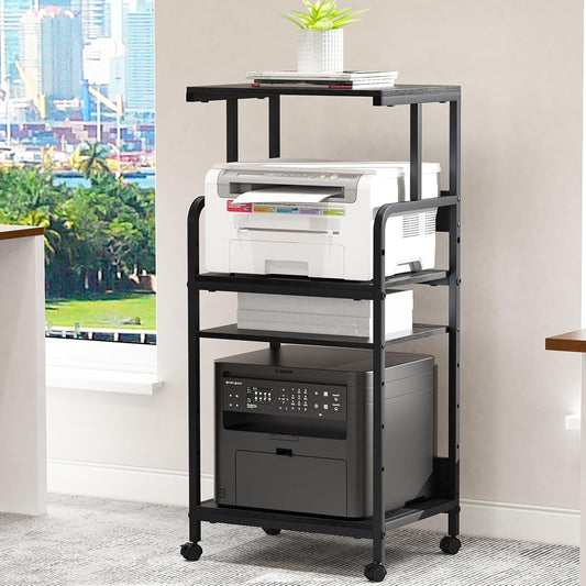 4 Tier Stand with Storage Shelf, Tall Mobile Printer Table for Home Office, Adjustable Stands for Heat Press Scanner Fax (Black)