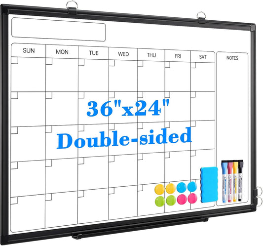 Monthly Calendar Dry Erase Whiteboard, 36" x 24" Magnetic Calendar White Board, Double-Sided Portable Board with Black Aluminium Frame for Office, Kitchen, School, Home