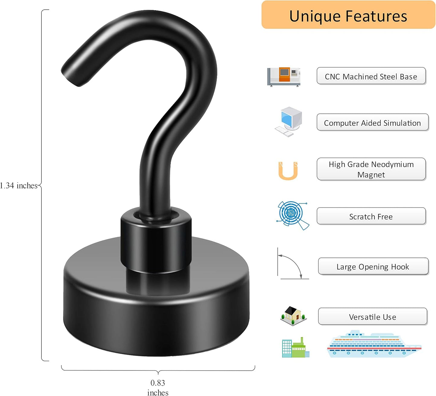 Neosmuk Magnetic Hooks, Heavy Duty Earth Magnets with Hook for Refrigerator, Extra Strong Cruise Hook for Hanging, Magnetic Hanger for Cabins, Grill (Black, 4 Pack)