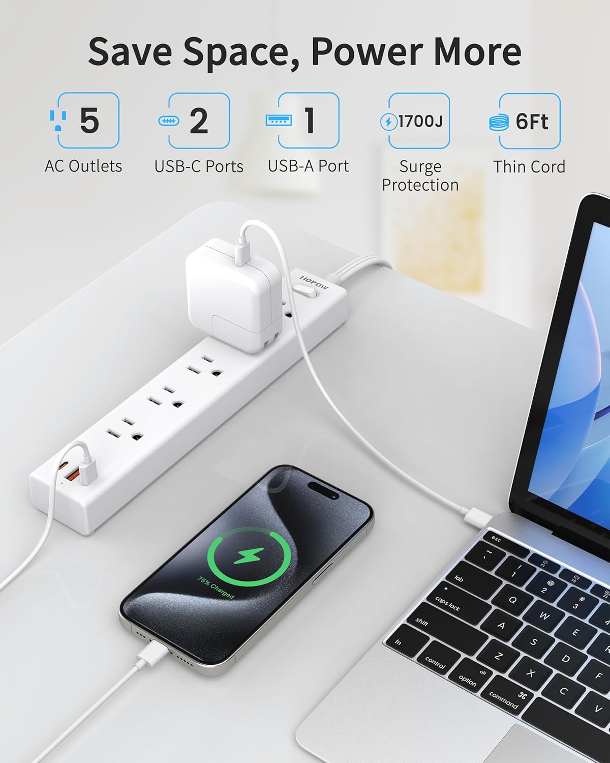 Flat Plug Power Strip, 6 Ft Ultra Thin Flat Extension Cord, Surge Protector with 5 Outlets & 3 USB Ports (2 USB C), 1700 Joules, Wall Mount, Desktop Charging Station for Home Office Dorm, White
