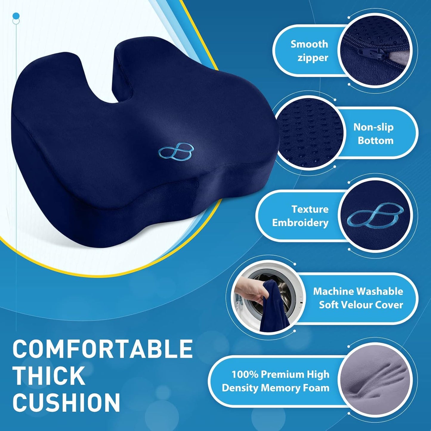 BlissTrends Seat Cushion,5.2in Thick Memory Foam Cushions for Office Chair, Car Seat, Airplane, Relieving Pressure Tailbone Sciatica Back Pain for Long Sitting Office Workers, Car Drivers Blue