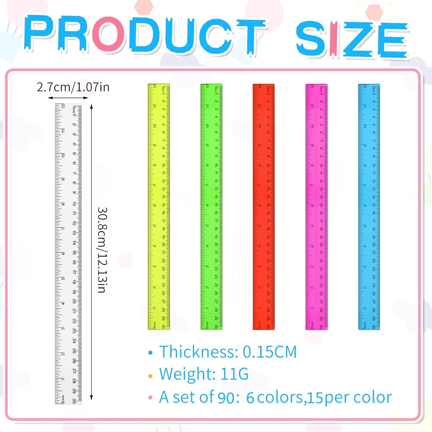 90 Pack Color Transparent Ruler Bulk 12 Inch Clear Plastic Rulers Kids Ruler with Centimeters and Inches Straight Measuring Drafting Tools for Classroom School Students Families Education