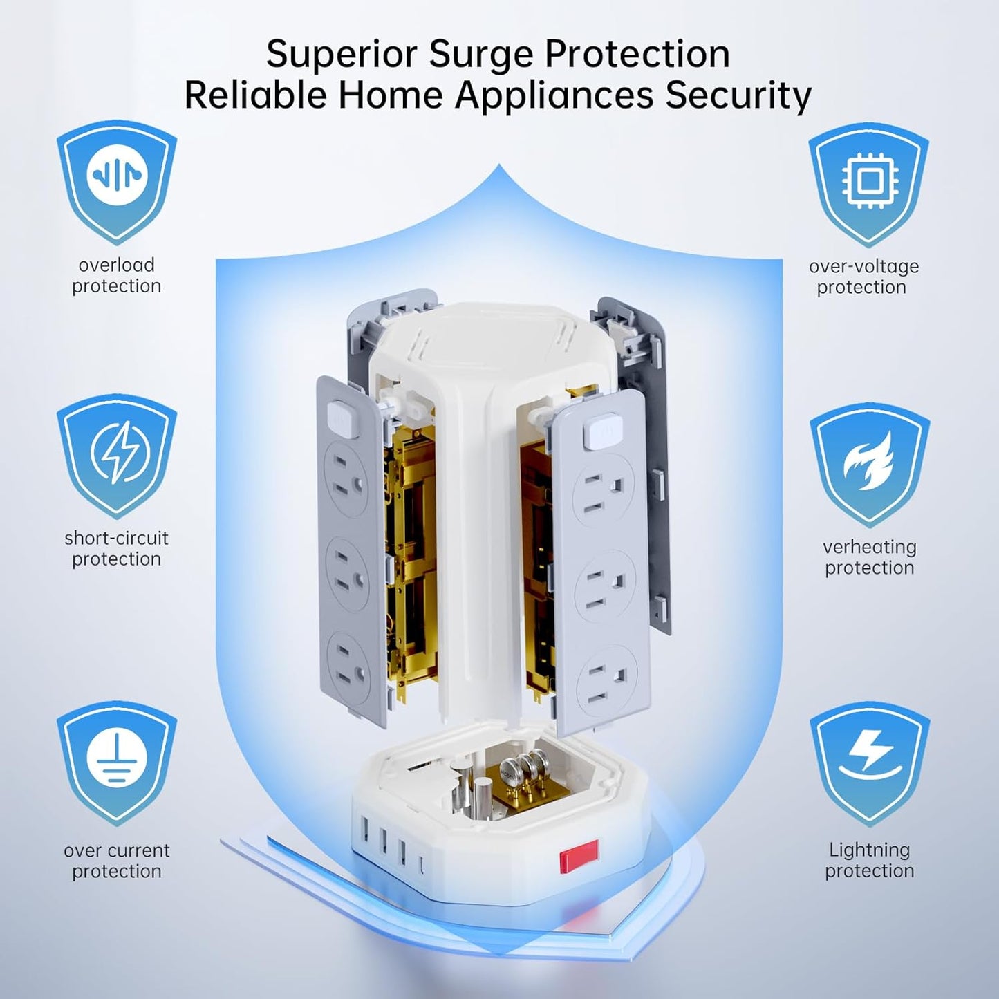 Power Strip Surge Protector, 10 Ft Extension Cord with 12 AC Multiple Outlets 4 USB (1 USB C), SMALLRT Power Tower Desktop Charging Station (White, 10 FT PD20W)