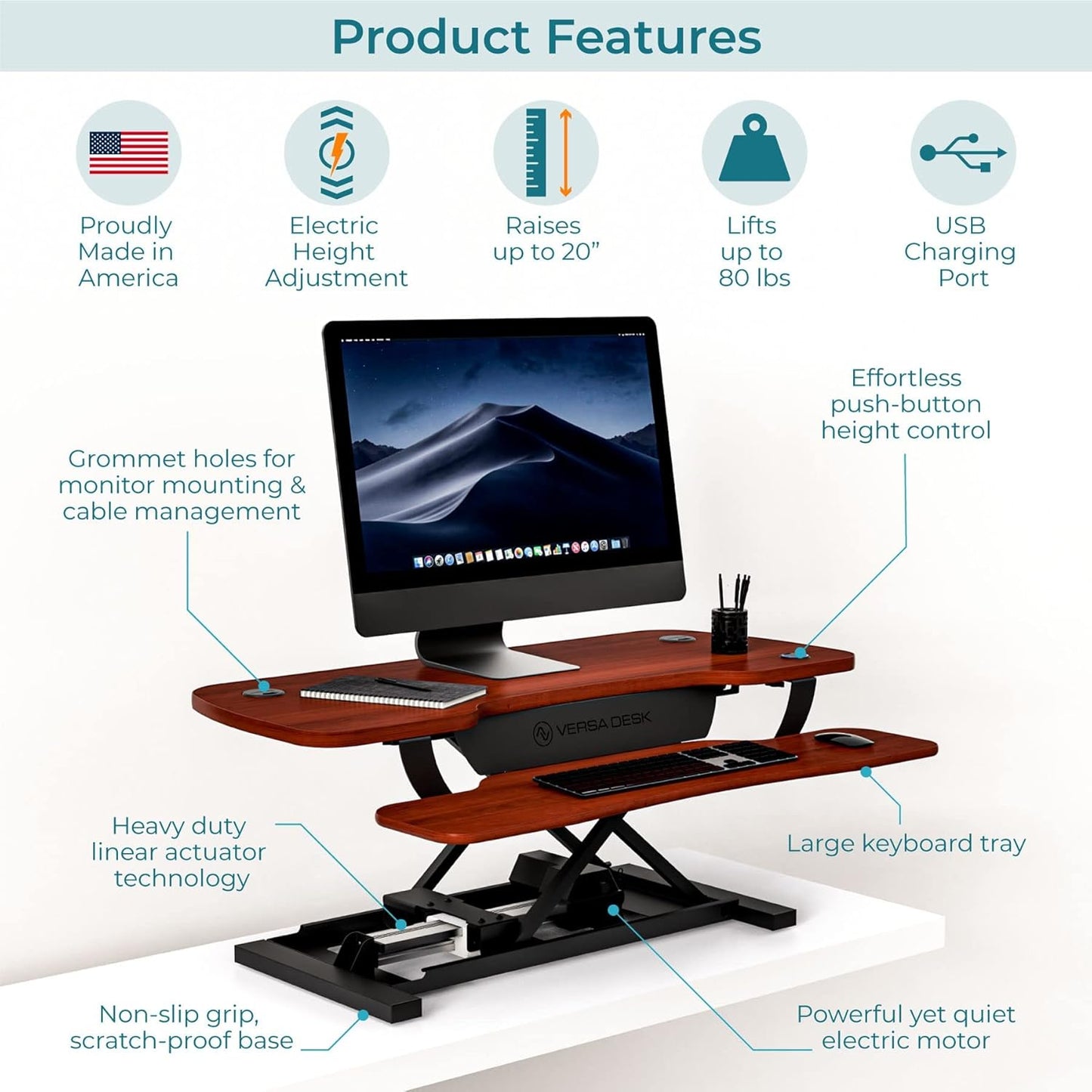 VERSADESK® PowerPro™ 36” x 24” Standing Desk Converter | 7.75” - 23.5” Electric Height Adjustable Sit to Stand Desk Riser w/ Keyboard Tray & USB Hub - Ergonomic Workstation for Home & Office, Cherry