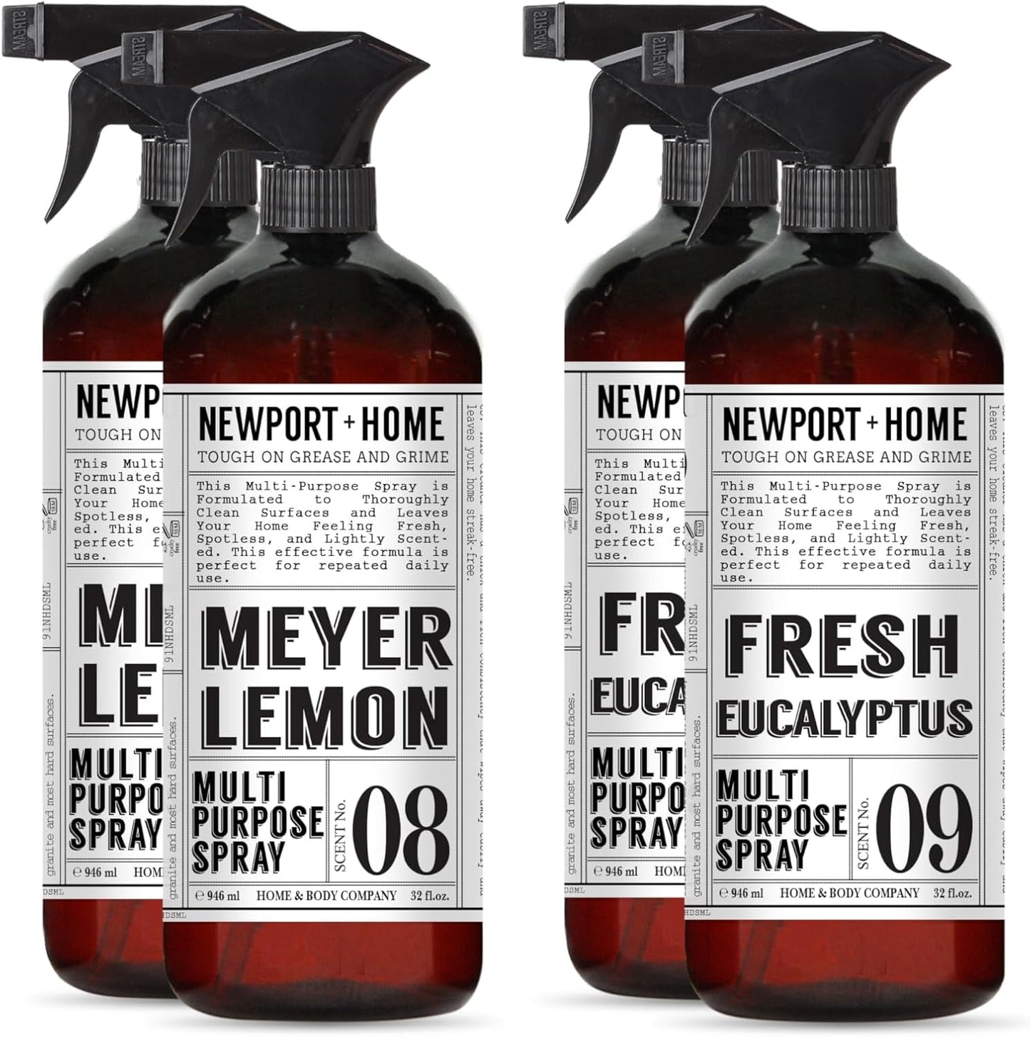 Newport + Home Multi-Purpose Spray, Meyer Lemon & Fresh Eucalyptus Scents, Tough on Grease and Grime, 32 fl oz, Set of 4