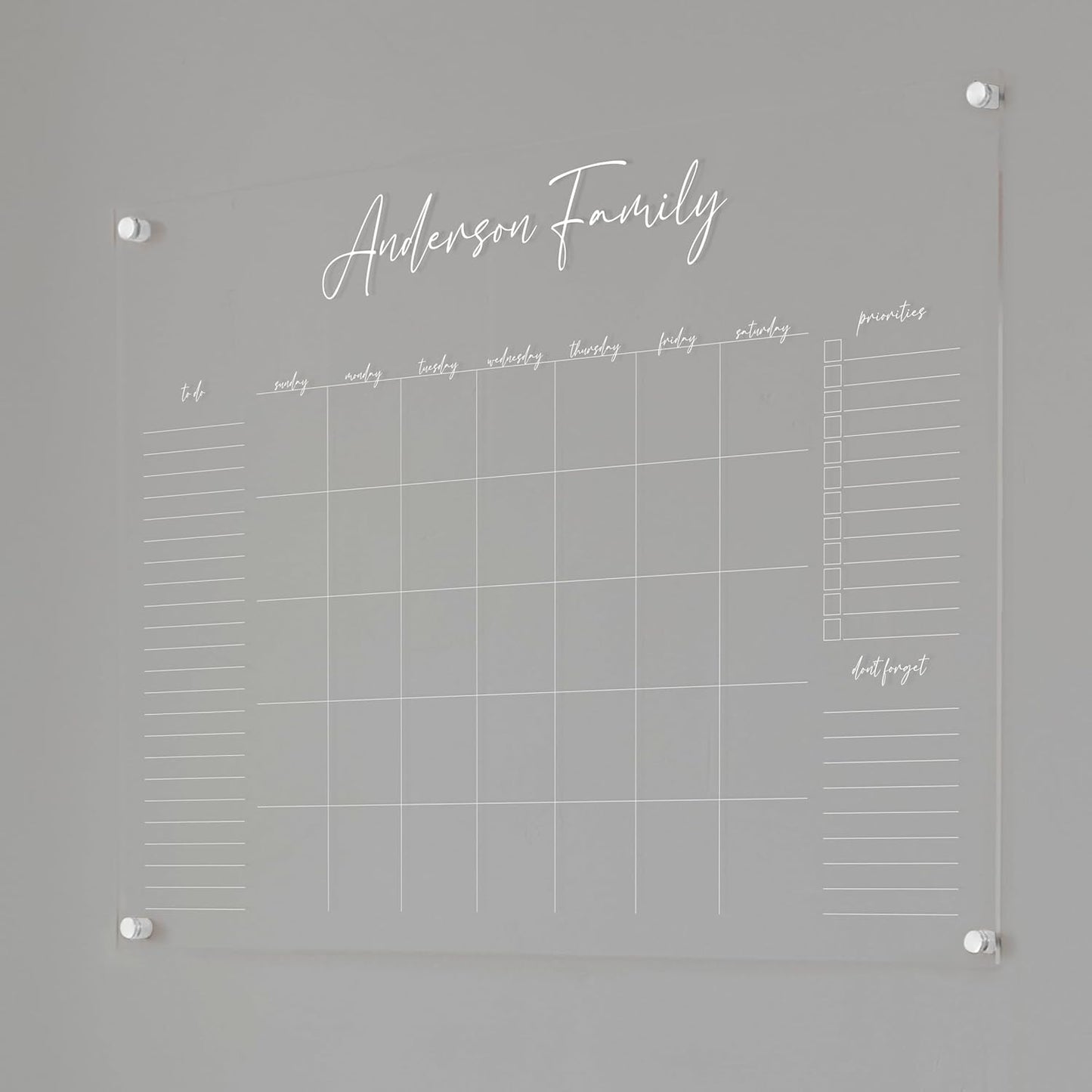 Personalized Clear Acrylic Calendar for Wall, Calendar Whiteboard for Wall, Dry Erase Wall Calendar, Wall Calendar Organizer System for Home (Cursive, White, 38"W x 26"H)