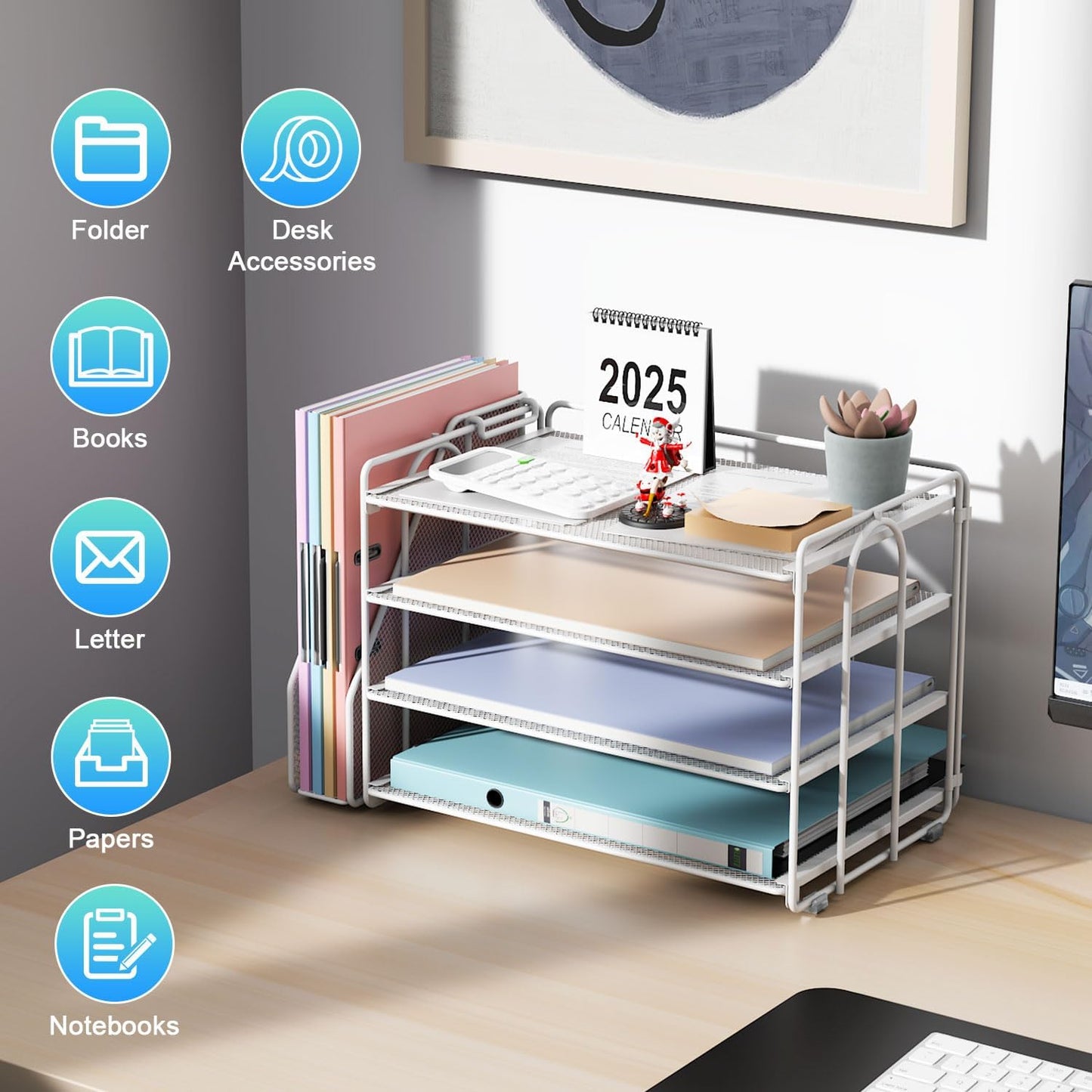 gianotter 4-Tier Paper Organizer With Magazine Holder, Desk Organizers and Accessories, White Desk Accessories, File Organizer for Office Supplies Storag(White)