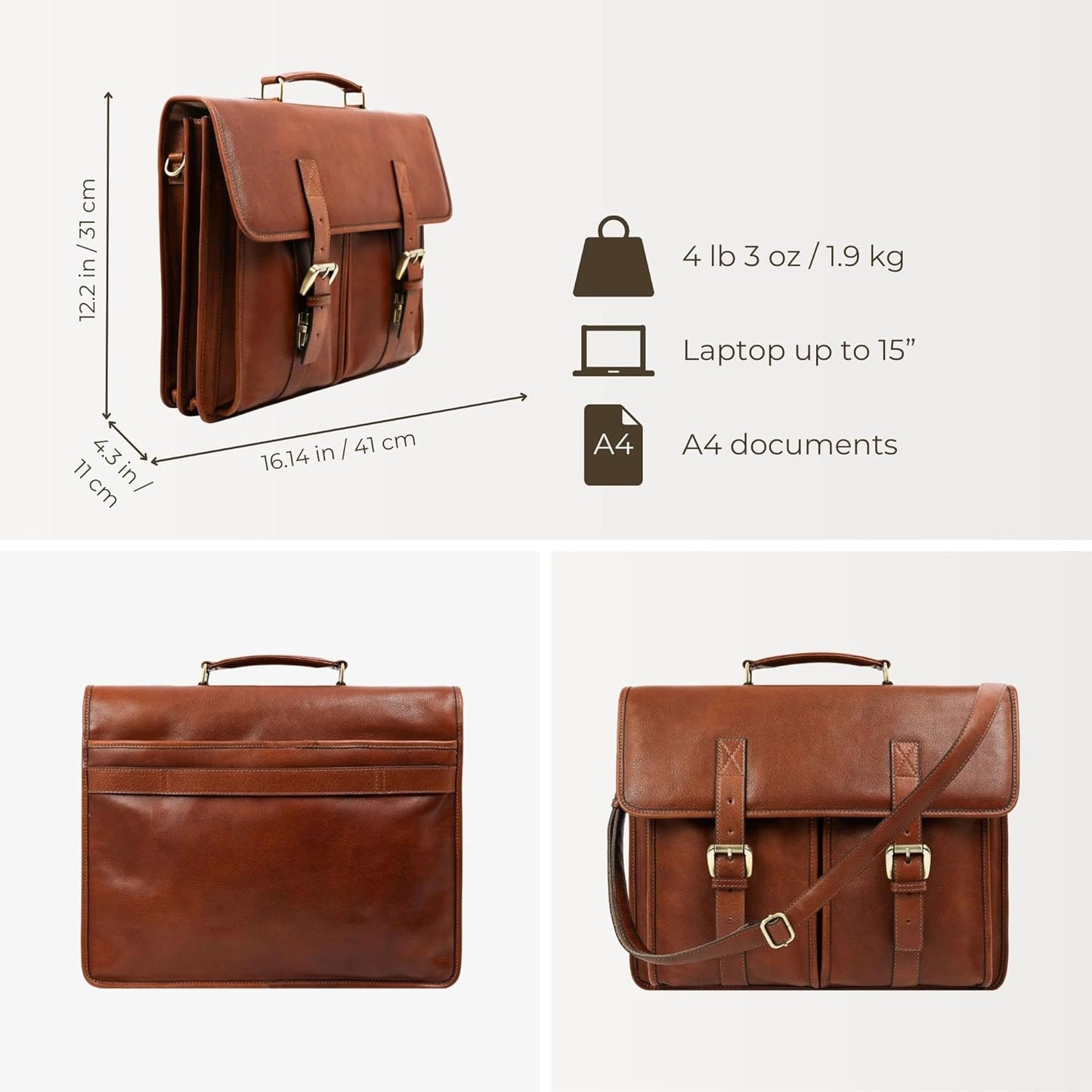 Time Resistance Leather Briefcase for Men Handcrafted in Italy Full Grain Messenger Bag for Laptop