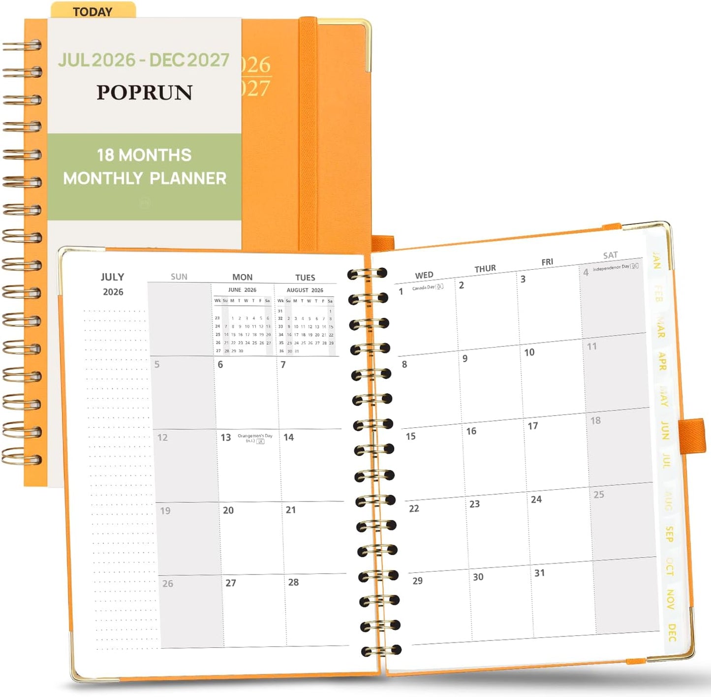 POPRUN Monthly Planner 2026-2027 Spiral Hardcover (6.25'' x 8.5''), 18 Months Calendar (Jan.2026-Jun.2027) - 2 Pages per Month with Dotted Note Pages, Sunday Start, Laminated Tab - Orange