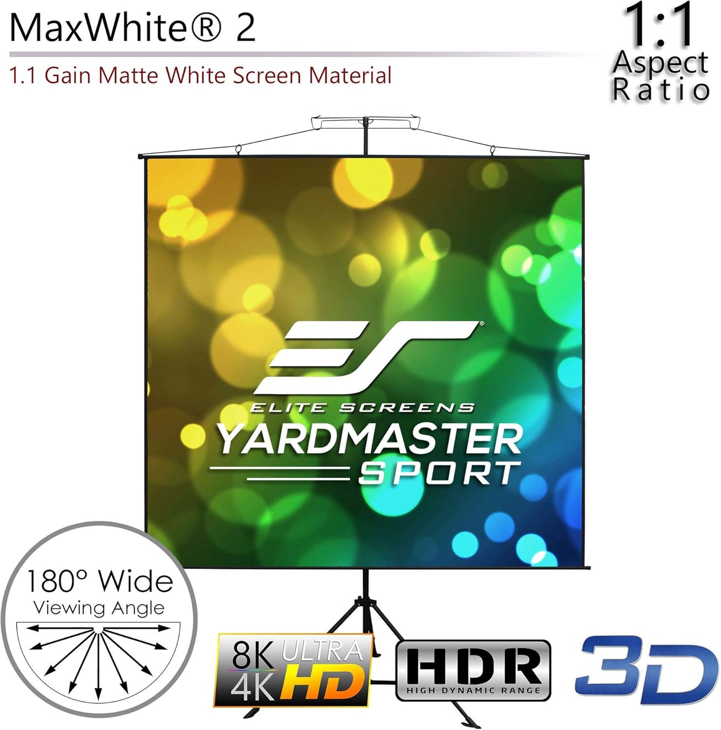 Elite Screens Yard Master Sport 96″ Portable Projector Screen, Dual Tripod/Wall Hanging 2-in-1, 1:1, MaxWhite Gain 1.1, Indoor/Outdoor with Carry Bag