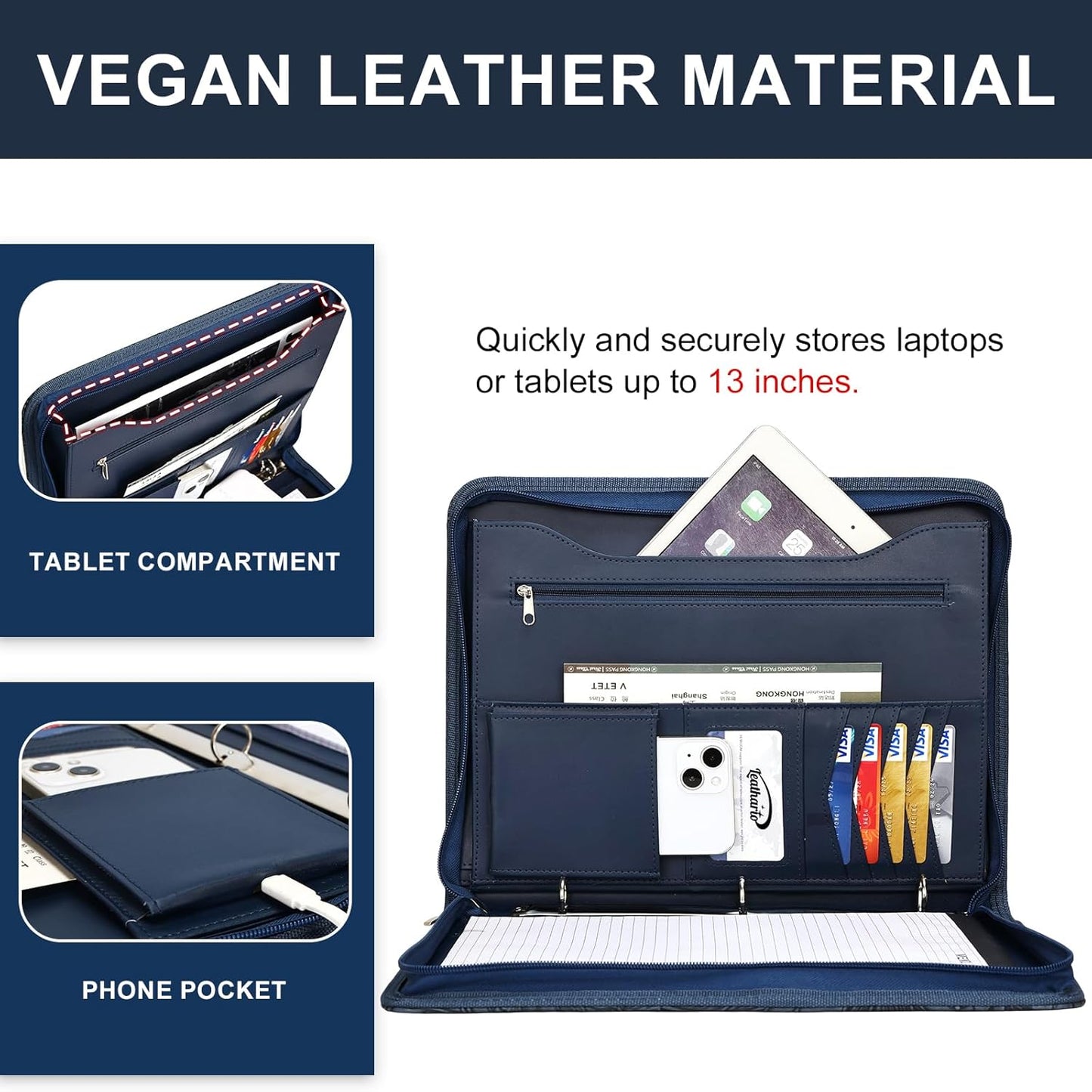 Leathario Portfolio Binder, Includes 5 Folder Index Dividers and 3 Notepads, 3-Ring Folder Organizer, Padfolio with Zipper, Vegan Leather Tablet Sleeve, Business Office Conference Clipboards