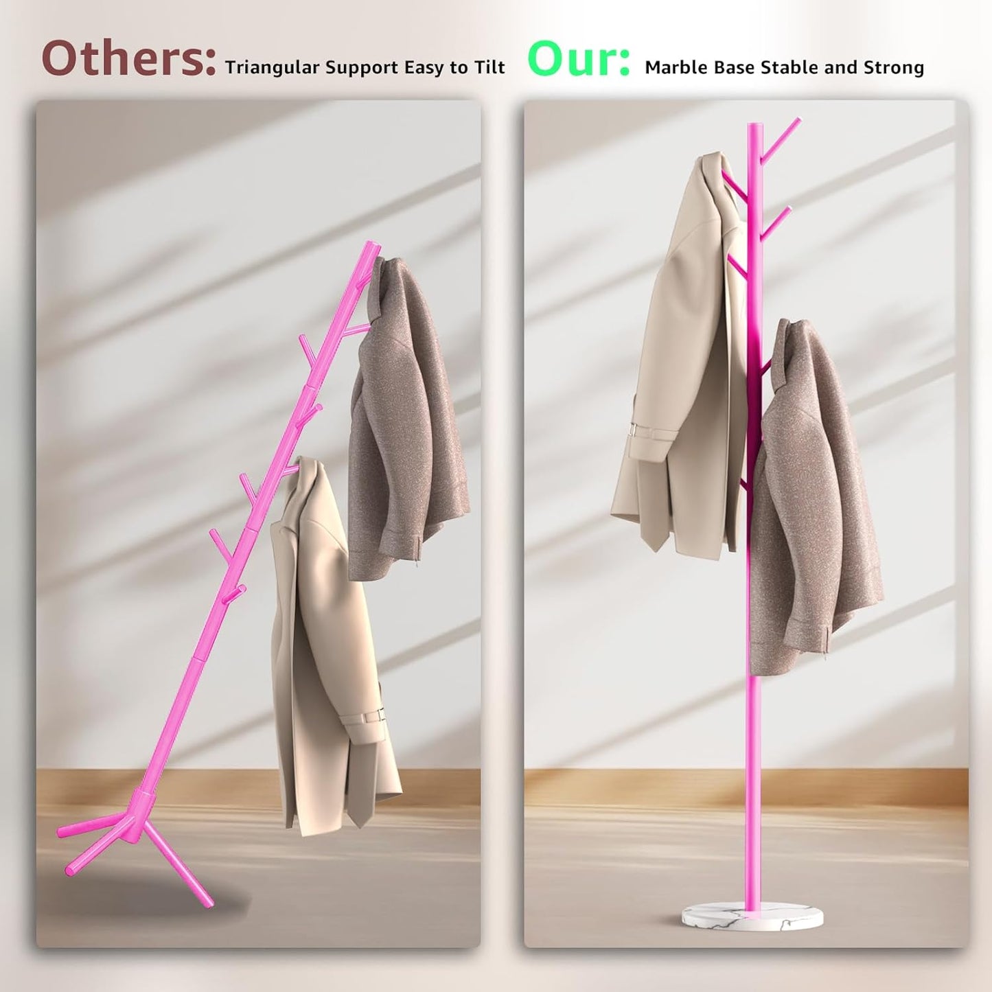 Coat Rack with Natural Marble Base, Metal Freestanding Coat Rack with 8 Hooks, 3 Adjustable Size Sturdy Coat Tree for Bags, Coats, and Hats for Entryway, Hallway, Bedroom, Office, Pink
