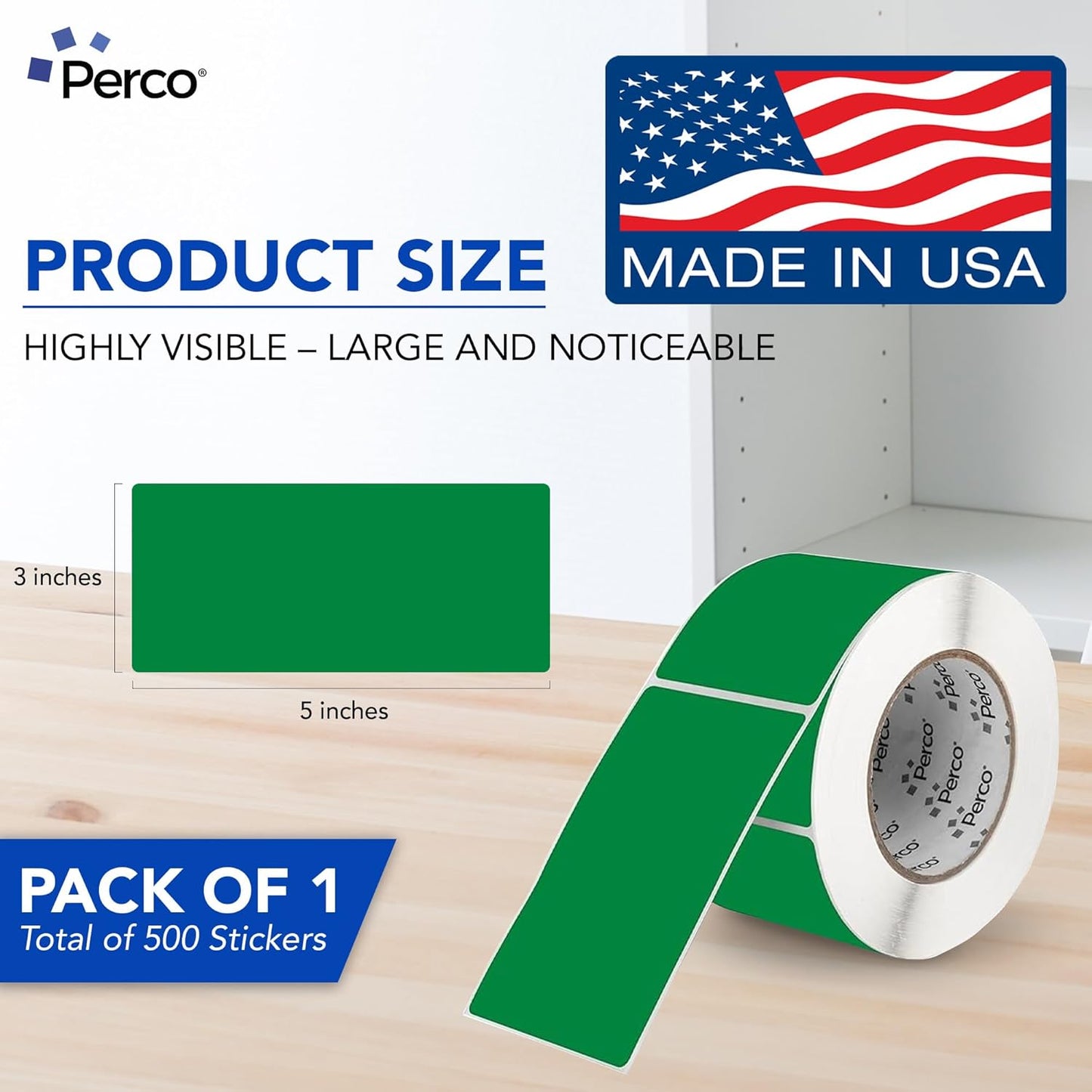 Perco Green Labels 3x5 Inch 500 Stickers/Roll with Easy Peel Perforation and Strong Adhesion for Inventory Management, Color Coding, Moving Boxes, Retail, Organizing & Crafts – Made in USA