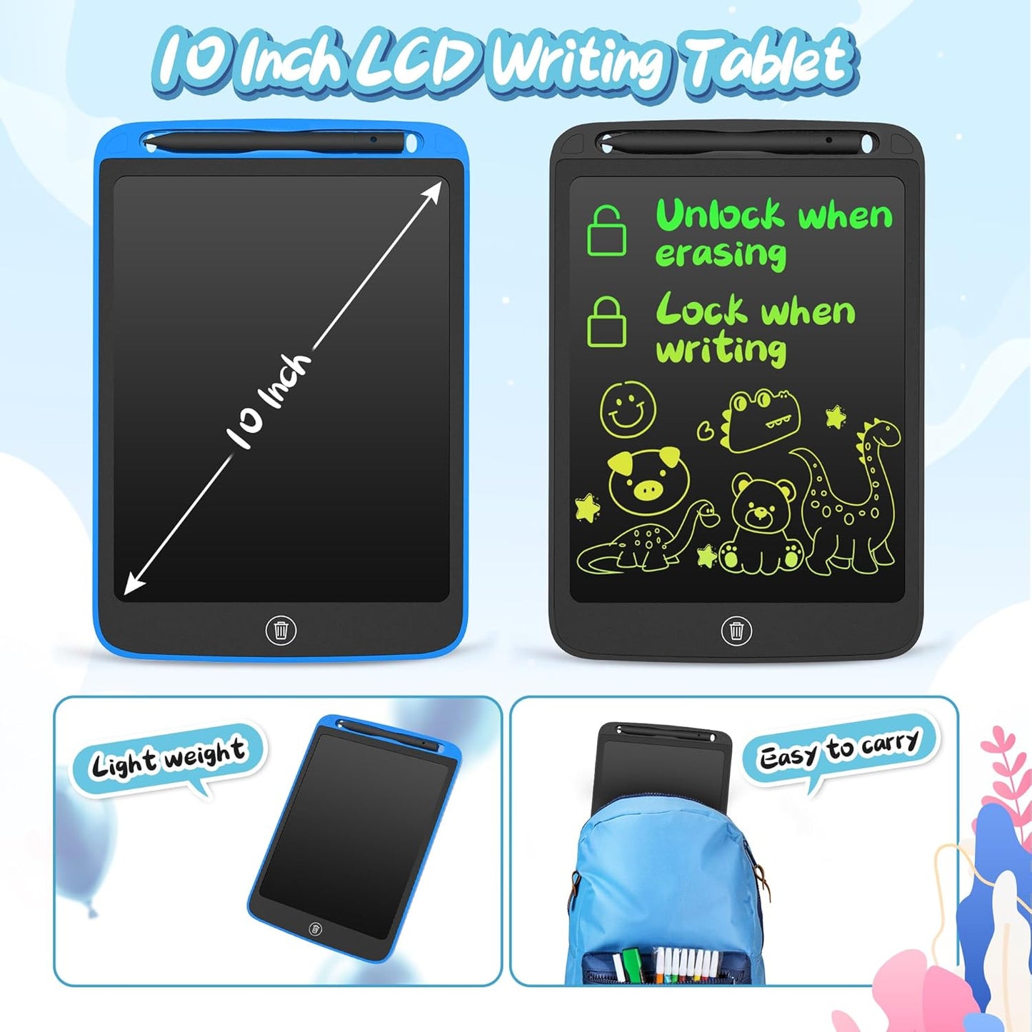 SOOOO LCD Writing Tablet for Kids 10 inch 2 Packs, Doodle Board, Drawing Tablet for Toddler Girls/Boys Toys Learning Drawing Toy for 3 4 5 6 7 Years Old Kids, Dark Blue and Black