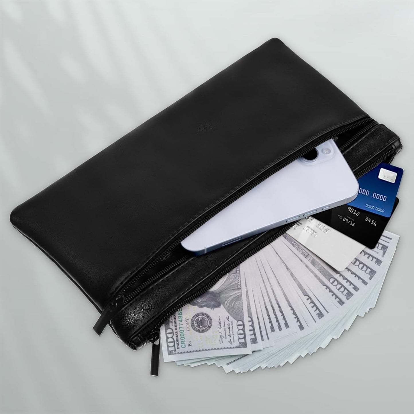 HAUTOCO 4 Pack Money Bag with Zipper 11x6.1 inch Money Pouch with Lined PU Leather Bank Bag Two Pockets Utility Wallet for Cash Check Receipt Coins Cosmetics