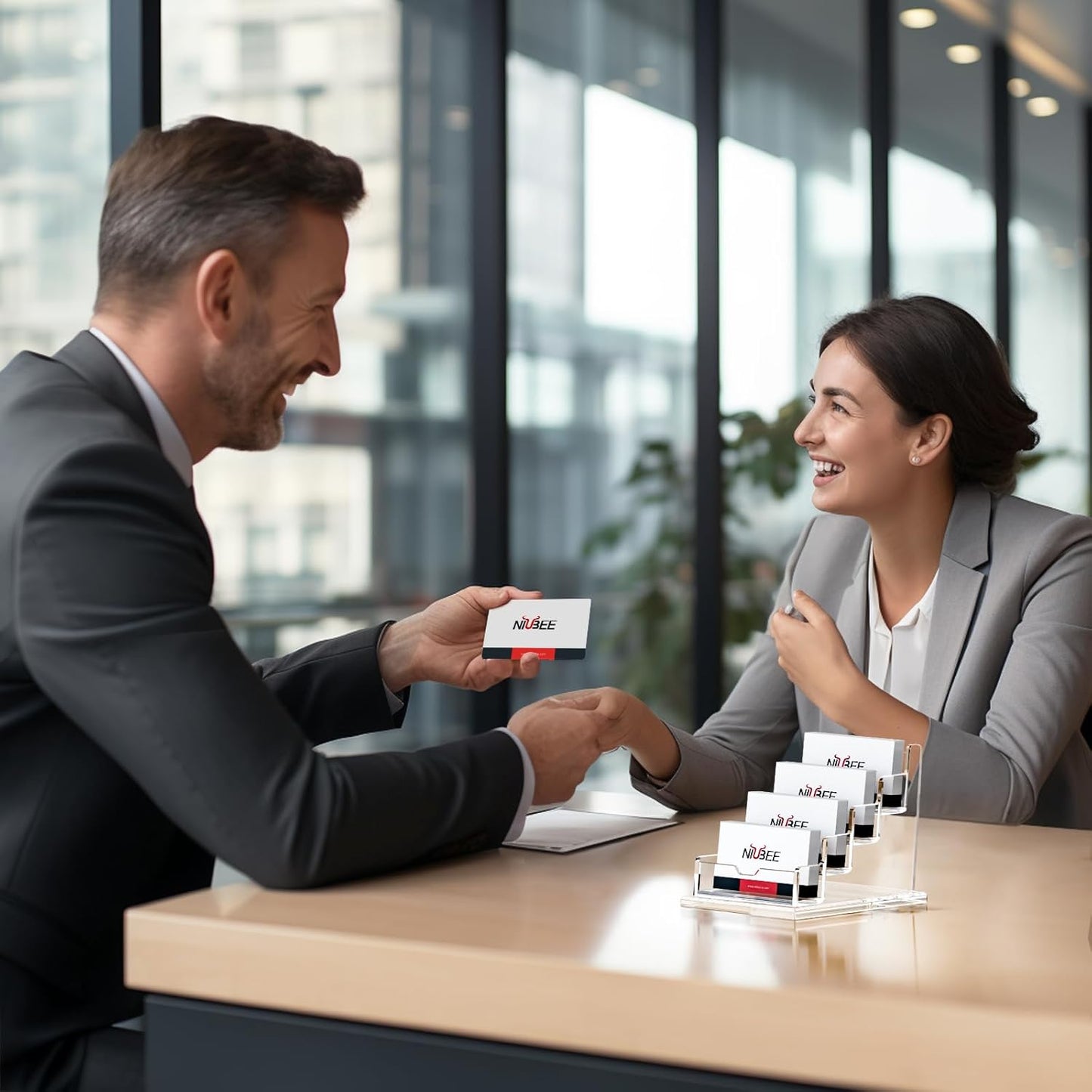 NIUBEE Clear Business Cards Holders 4 Tier Acrylic Card Holder for Business Cards, 4 Slots Business Card Display for Desk Counter, 300 Card Capacity, 1 Pack