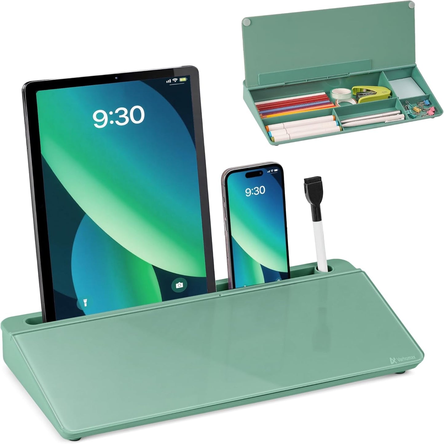 Varhomax Glass Desk Whiteboard with Storage, Desktop Organizer to-do List Memo Notepad Dry Erase White Board for Home Office and School Supplies (Green)