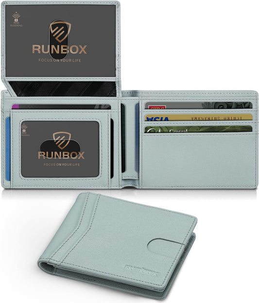 RUNBOX Wallet for Men Slim Rfid Leather 2 ID Window With Gift Box