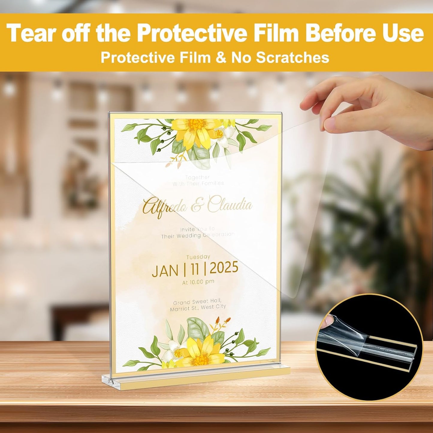 EHWINE 8 Pack Acrylic Sign Holder 8.5 x 11, Double-Sided Tabletop Gold Sign Holder, Clear Acrylic Picture Frame Menu Flyer Paper Holder Display Stand for Home Wedding Party (with Non-Slip Pads)