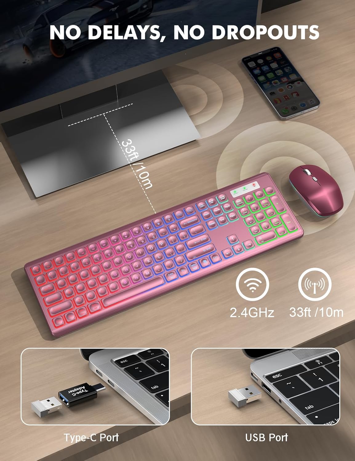 Wireless Keyboard and Mouse Combo - RGB Backlit, Rechargeable & Light Up Letters, Full-Size, Ergonomic Tilt Angle, Sleep Mode, 2.4GHz Quiet Keyboard Mouse for Mac, Windows, Laptop, PC