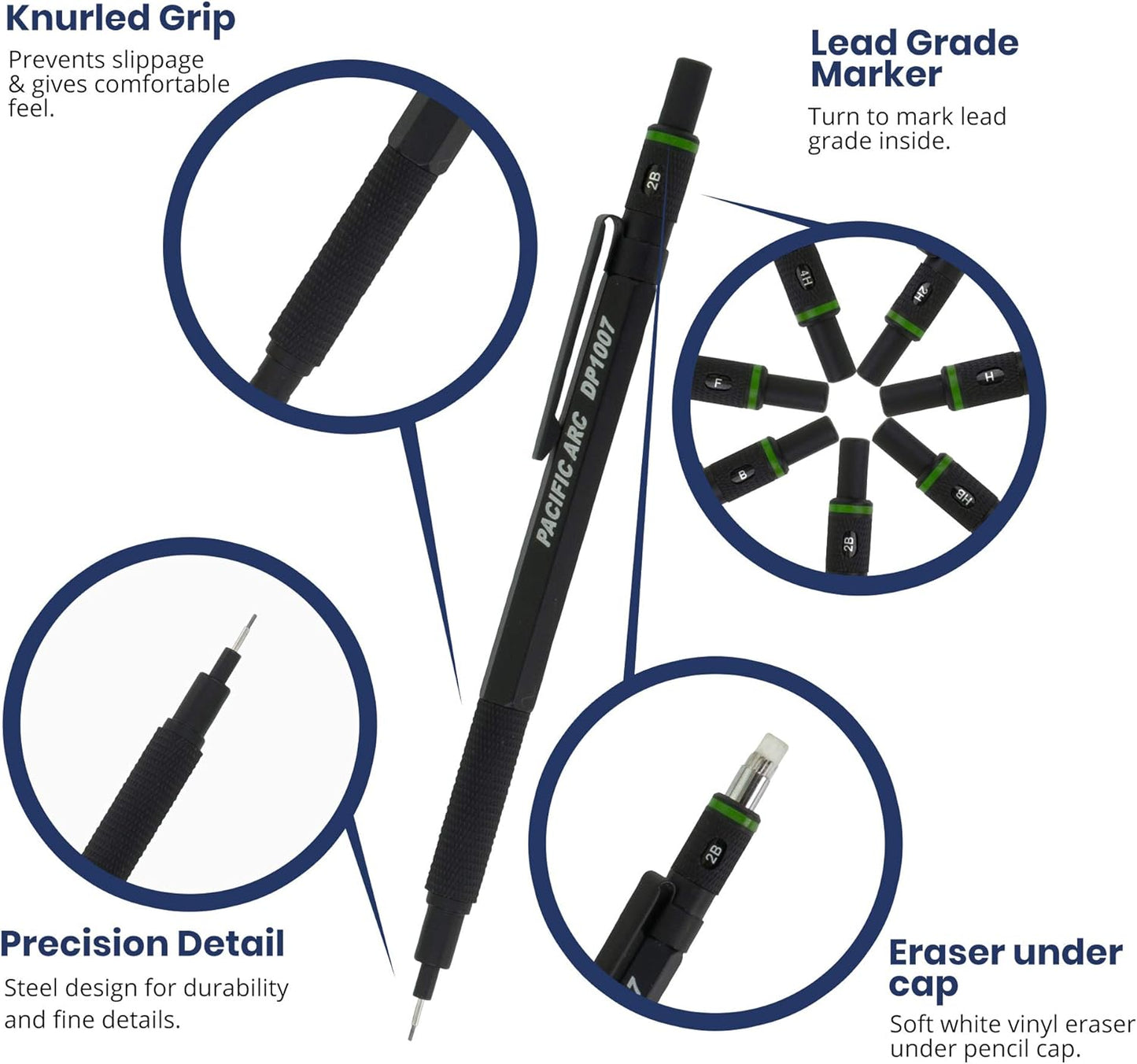 Pacific Arc Chromagraph Metal Mechanical Pencil .7 mm Black Barrel Mechanical Pencil with Built In Lead Pencil Grade Indicator, Lead Pencil Holder for Drafting, Sketching, and Drawing