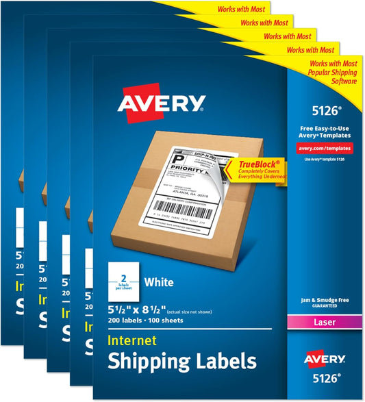 Avery Half-Sheet Printable Shipping Labels, 5.5" x 8.5" Customizable Stickers, White, 1,000 Blank Mailing Labels Total, Great for Mailing, Shipping, Organizing, and More (5-Pack of 5126)