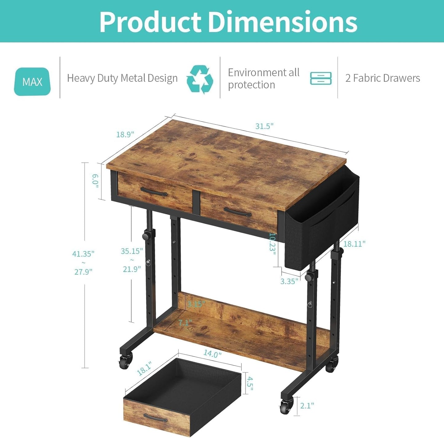 Small Portable Standing Rolling Desk - 32 Inch Adjustable Mobile Stand Up Teacher Desks with 2 Fabric Drawers on Wheels, Couch Sofa Side Laptop Table with Storage for Bedroom Home Office, Rustic Brown