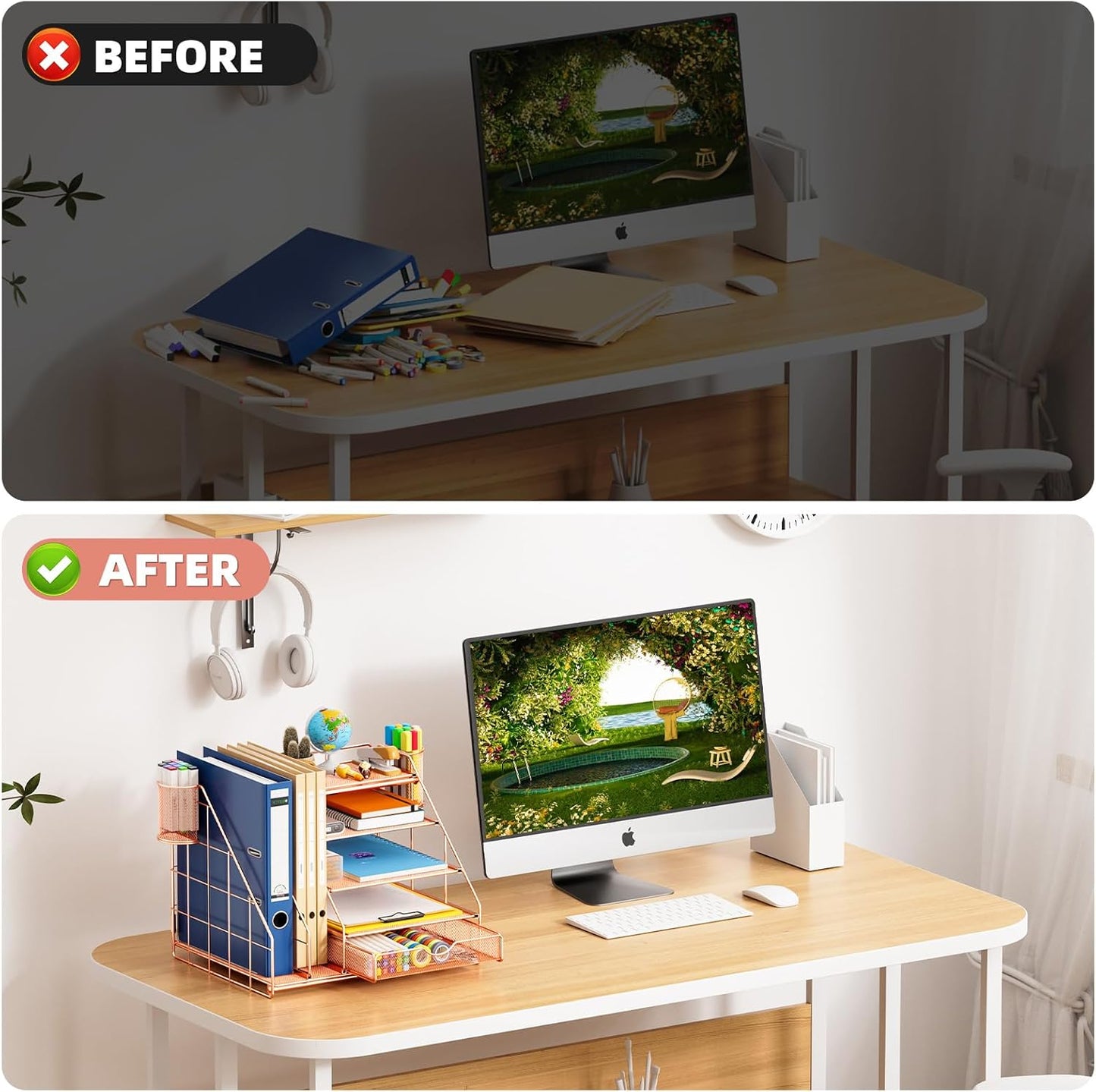 Marbrasse Desk Organizer with File Holder, 5-Tier Desk Organizers and Accessories with Drawer and 2 Pen Holder, Mesh Paper Letter Tray, Desktop Organizer and Storage for Office Supplies (Rose Gold)