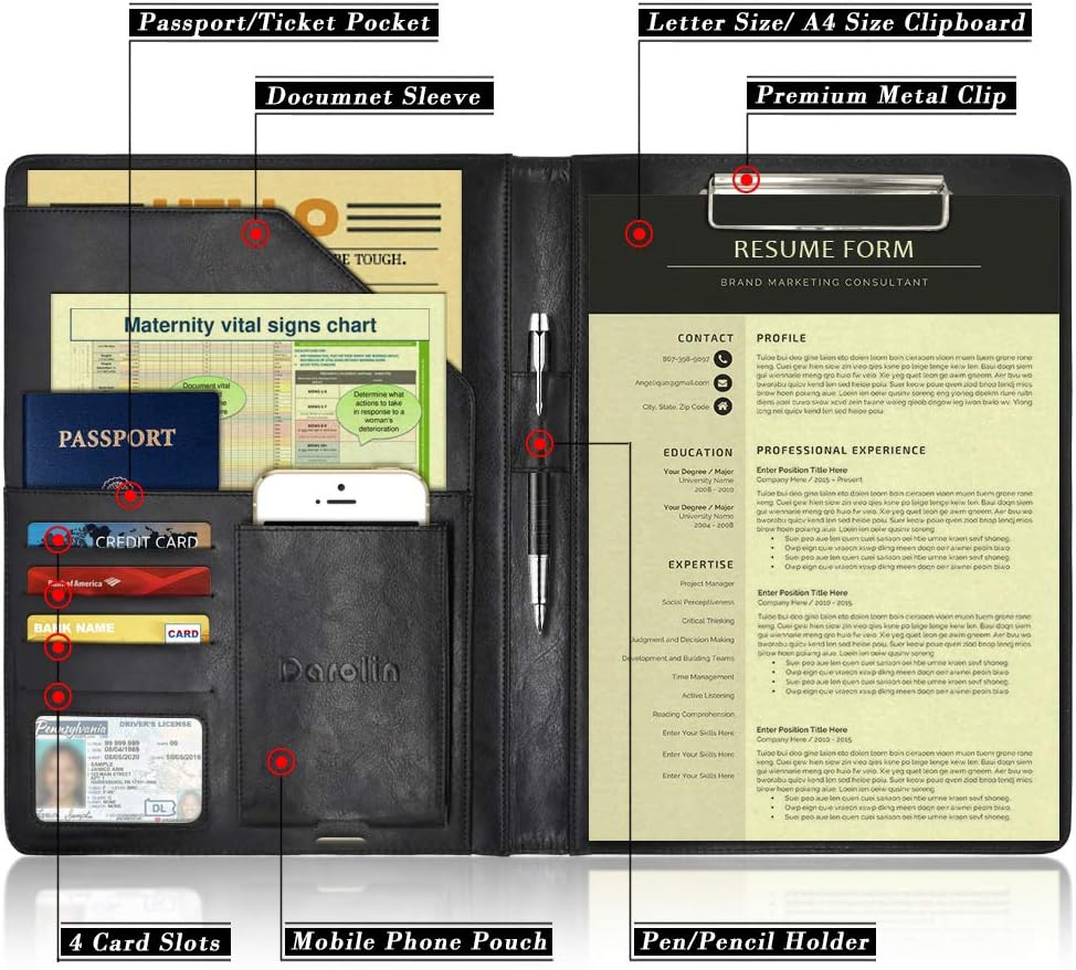 Darolin Business/Resume Padfolio Portfolio Folder with Letter/A4 Size Clipboard, Interview/Conference/Legal Document Organizer, Premium Portfolio Professional Case, Padfolio for Women/Men - Black