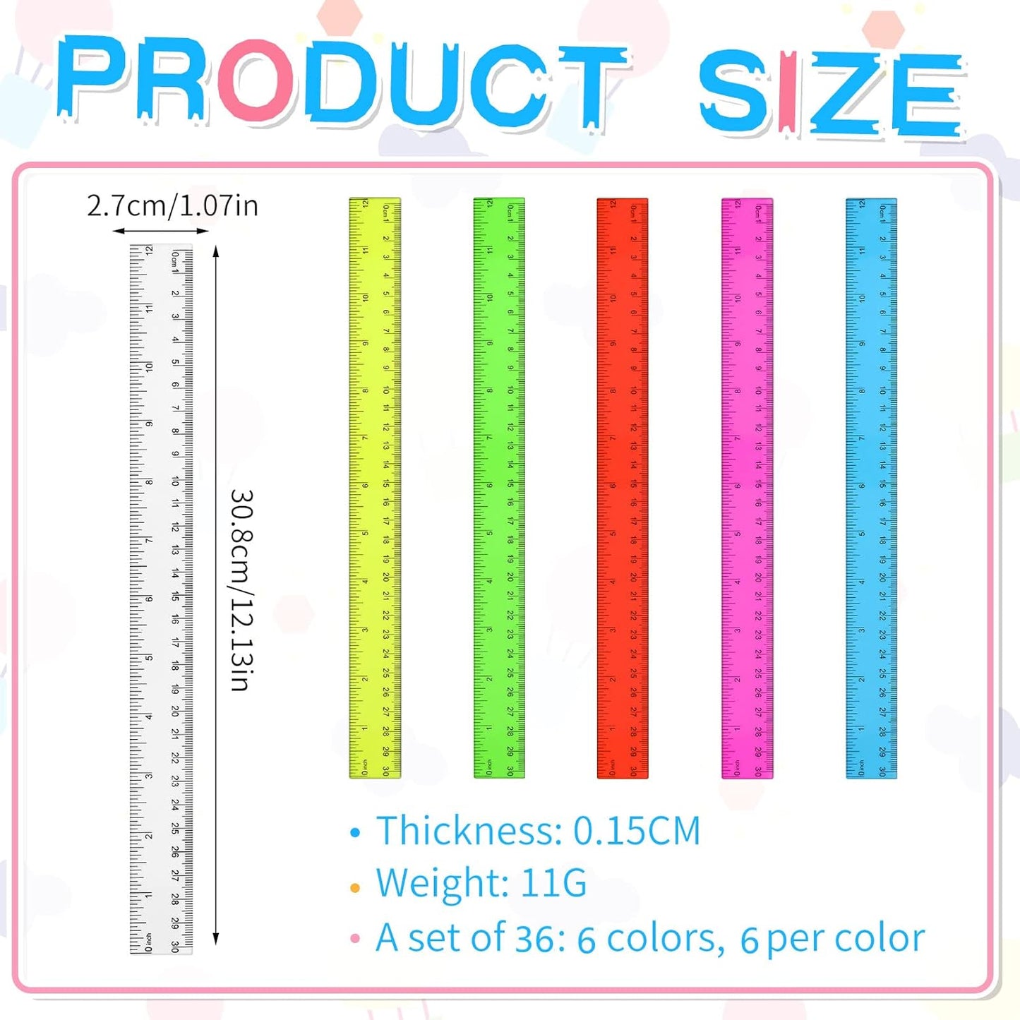 36 Pack Color Transparent Ruler Bulk 12 Inch Clear Plastic Rulers Kids Ruler with Centimeters and Inches Straight Measuring Drafting Tools for Classroom School Students Families Education