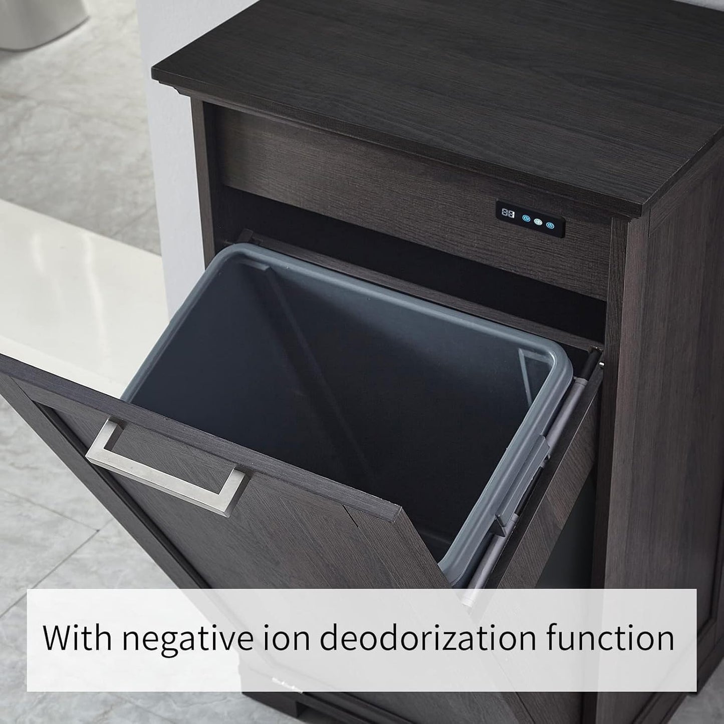 OLD CAPTAIN Wooden Tilt Out Trash Cabinet, Hidden Trash Can Kitchen Holds 10 Gallons (Dark Brown+Black Top Panel)