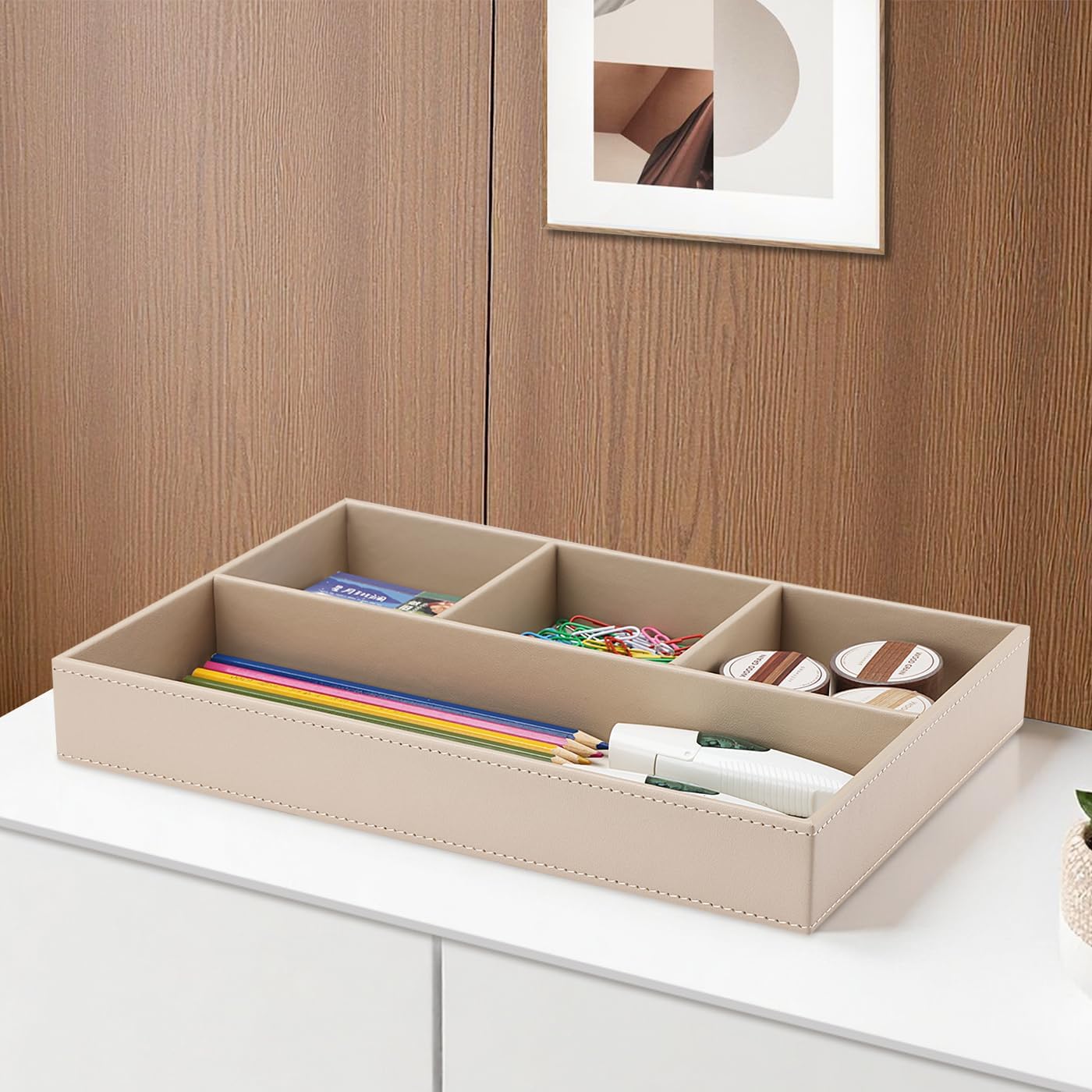 KINGFOM 4-Slot Leather Drawer Tray Desk Stationery Sundries Organizer Storage Box Pen Pencil Holder Case Container (Dark Beige)