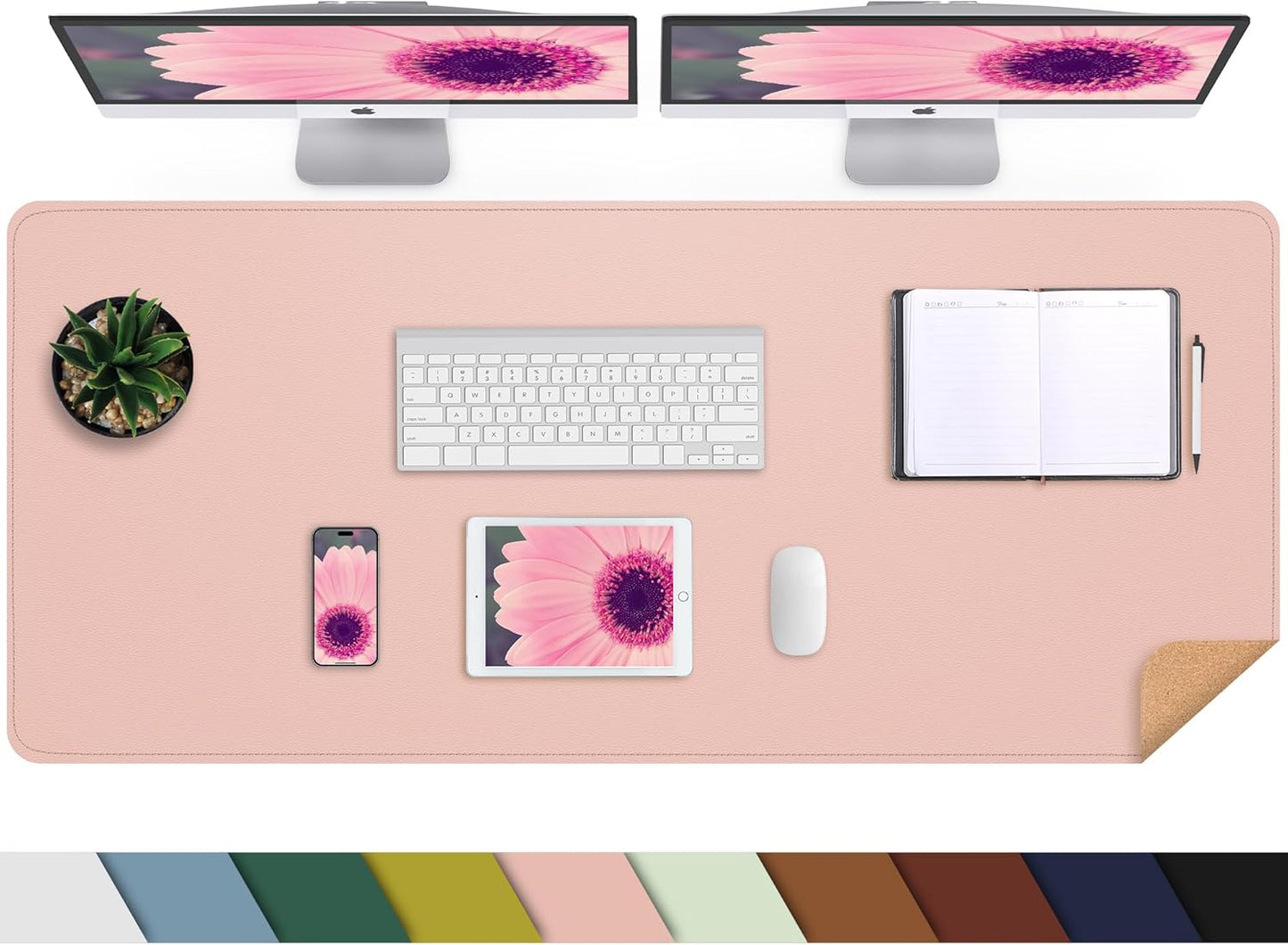 Large Desk Mat -47.2" x 17.5" Leather Desk Pad Protector with Natural Cork & PU Leather, Non-Slip Office Desk Mat, Double-Sided Mouse Pad, Waterproof Large Desk Pad for Office&Home(Pink)