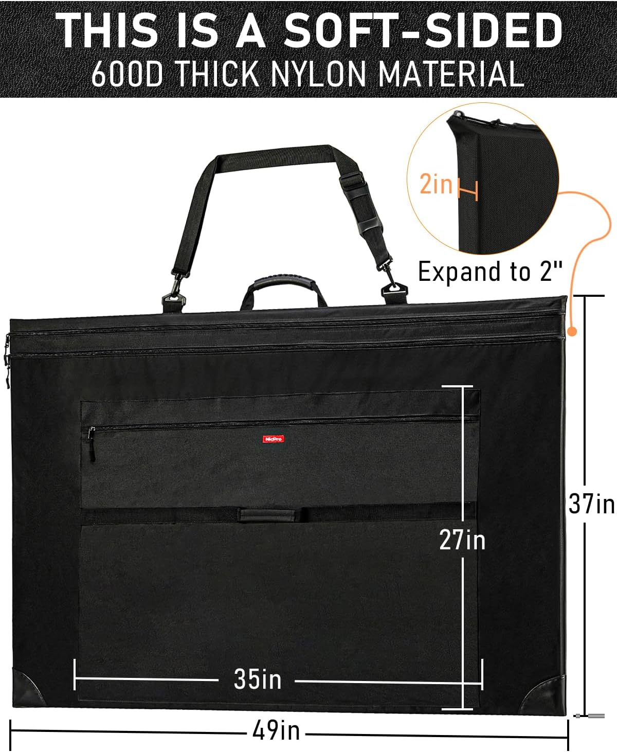 Nicpro Light Weight Art Portfolio Bag, 36 x 48 Extra Large Art Portfolio Case with Detachable Shoulder Strap, Leather Corners, Carrying Storage Case for Artwork, Canvas, Poster, Sketching, and Drawing