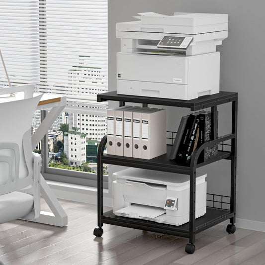 Lerliuo Large Printer Stand with Storage, 23.6"W x 18.9"D x 30.2"H, 5-Adjustable Shelf Heights Mobile 3 Tier Table with Lockable Wheels, Industrial Rolling Printer Cart, Black Stands for Home Office