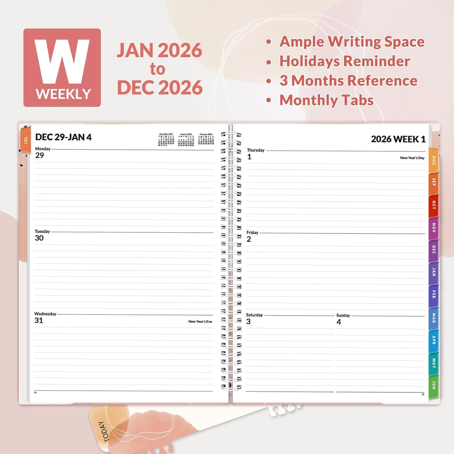 SUNEE 2026 Weekly and Monthly Planner - from January 2026 - December 2026, 8.5"x11" Daily Agenda Planner with Monthly Tab, Flexible Cover, Note Pages, Pockets, Bookmark, Spiral Binding, Pink Breeze
