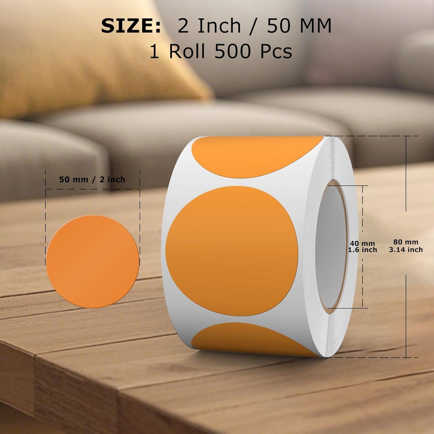 500 PCS Round Stickers 2 Inch Vinyl Orange Dot Sticker Removable Writable Color Coding Circle Colored Labels for Office Inventory Garage Yard Sale Tag