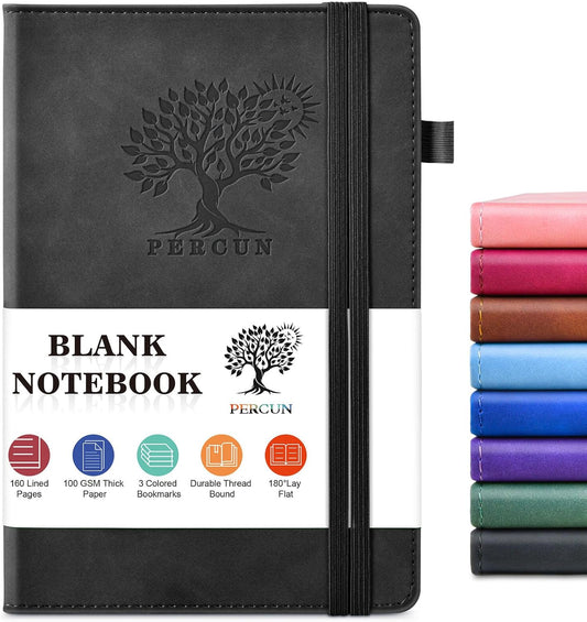 Blank Journal Ntebook for Men & Women, 160 Pages Blank Journals for Writing, Drawing,Sketch Book,5.9" x 8.5" Leather Sketchbook, Unlined Notebook for Work, School, Art - Black