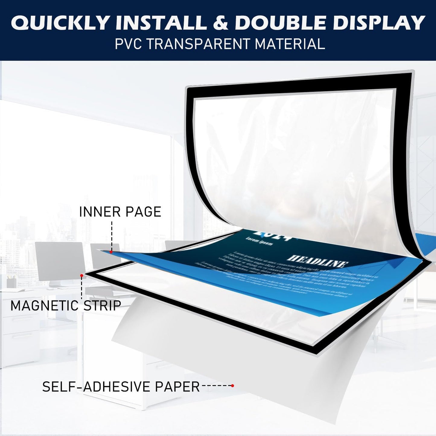 Magnetic Sign Holder - 8.5×11" Wall Mounted Self-Adhesive Magnetic Paper Holder, Transparent Wall Display Frame with Silver Edge, Suitable for Office, Store, Mall, Home (8.5"x11" 6pack)