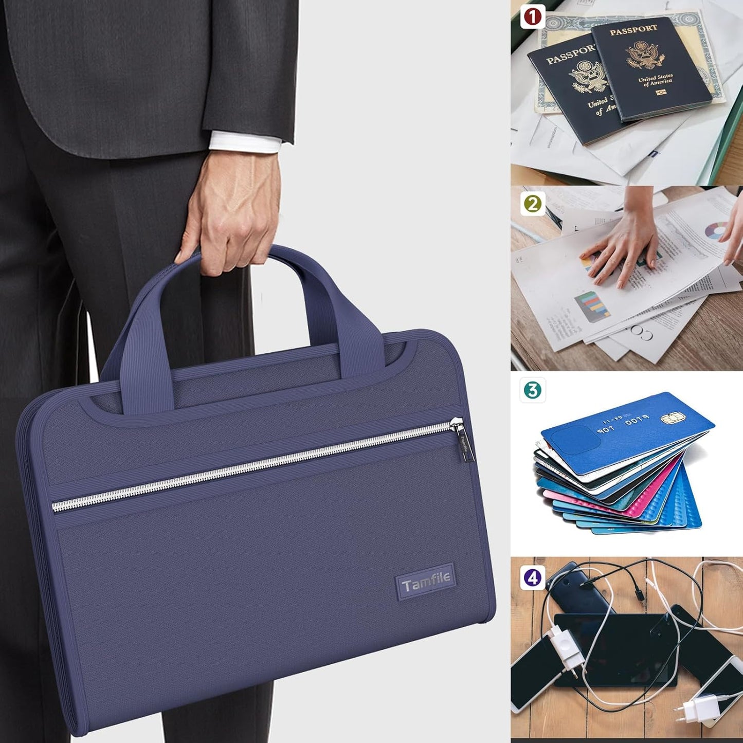 Tamfile Fireproof Accordion File Organizer with Handle, 13 Pocket Expanding File Folder with Zipper & Labels, File Folder with Multi-Pockets Paper Organizer Folder for Letter A4 Files, Blue