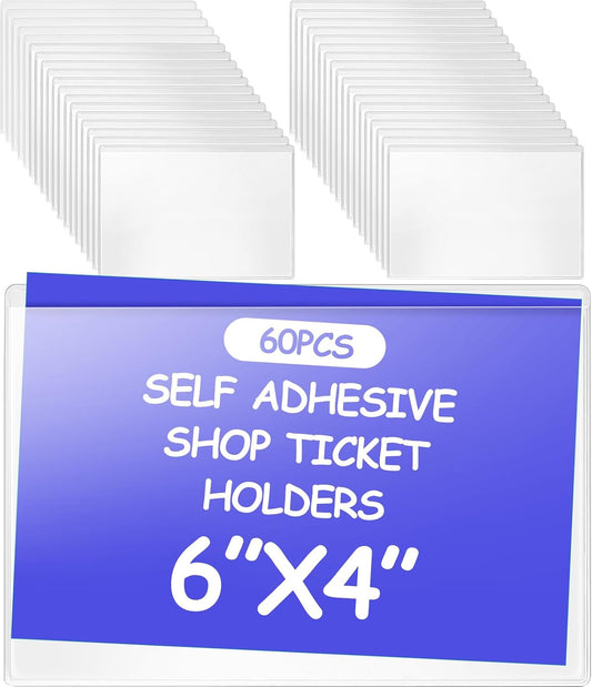 Outus Self Adhesive Shop Ticket Holders Clear Plastic Sleeves Adhesive Pockets Work Order Job Ticket Holders for Home Office Posting Signs(6 x 4 Inch,60 Pcs)