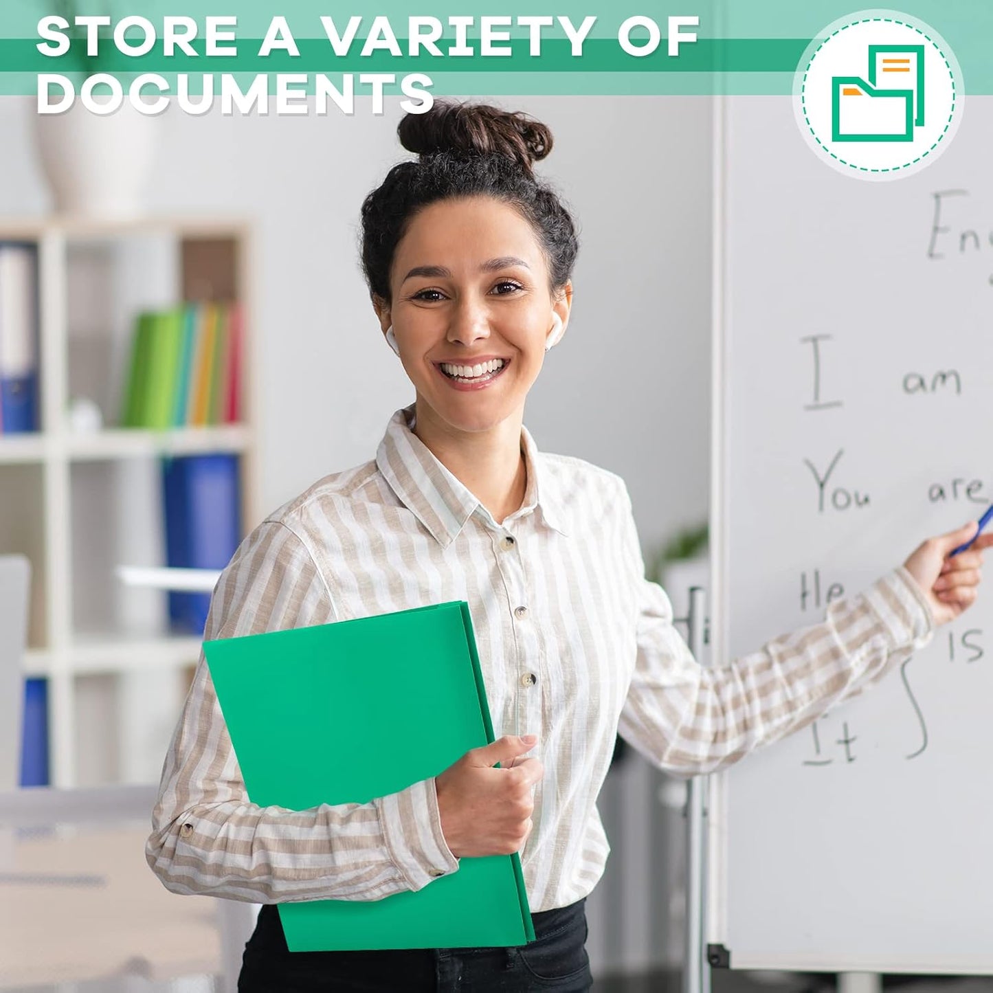 Henoyso 36 Pcs Plastic Folder with Clear Front Pocket and 3 Prong Plastic Folders with Card Slot Pocket Folders with Prongs for School Office (Green)