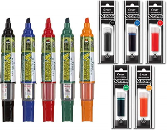 Refillable Dry Erase Markers, Pilot BeGreen V Board Master Assorted Colors, 5-Pack With 1 Refill For Each Marker