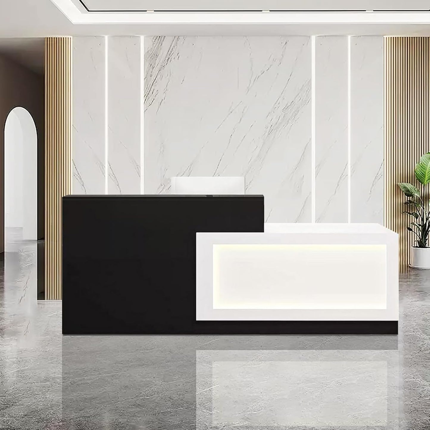 Modern Reception Desk with Counter and Drawer Office Front Desk with Cabinet Wooden Commercial Reception Table Checkout Counter for Retail Salon Lobby Black and White Right 63inch/160cm