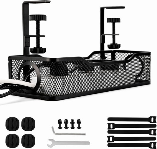 No Drill Under Desk Cable Management Tray – Clamp-On Metal Cable Organizer for Power Cords – Easy Install Wire Holder for Home Office Desk (Black)